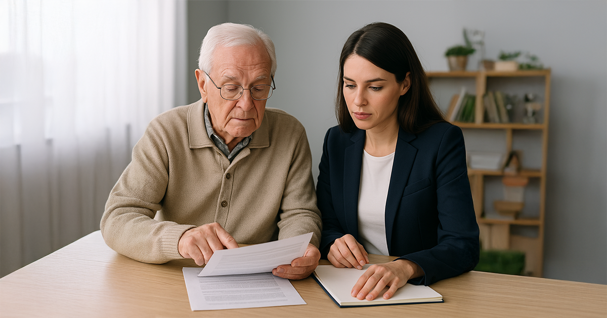 elderly man and woman discussing business